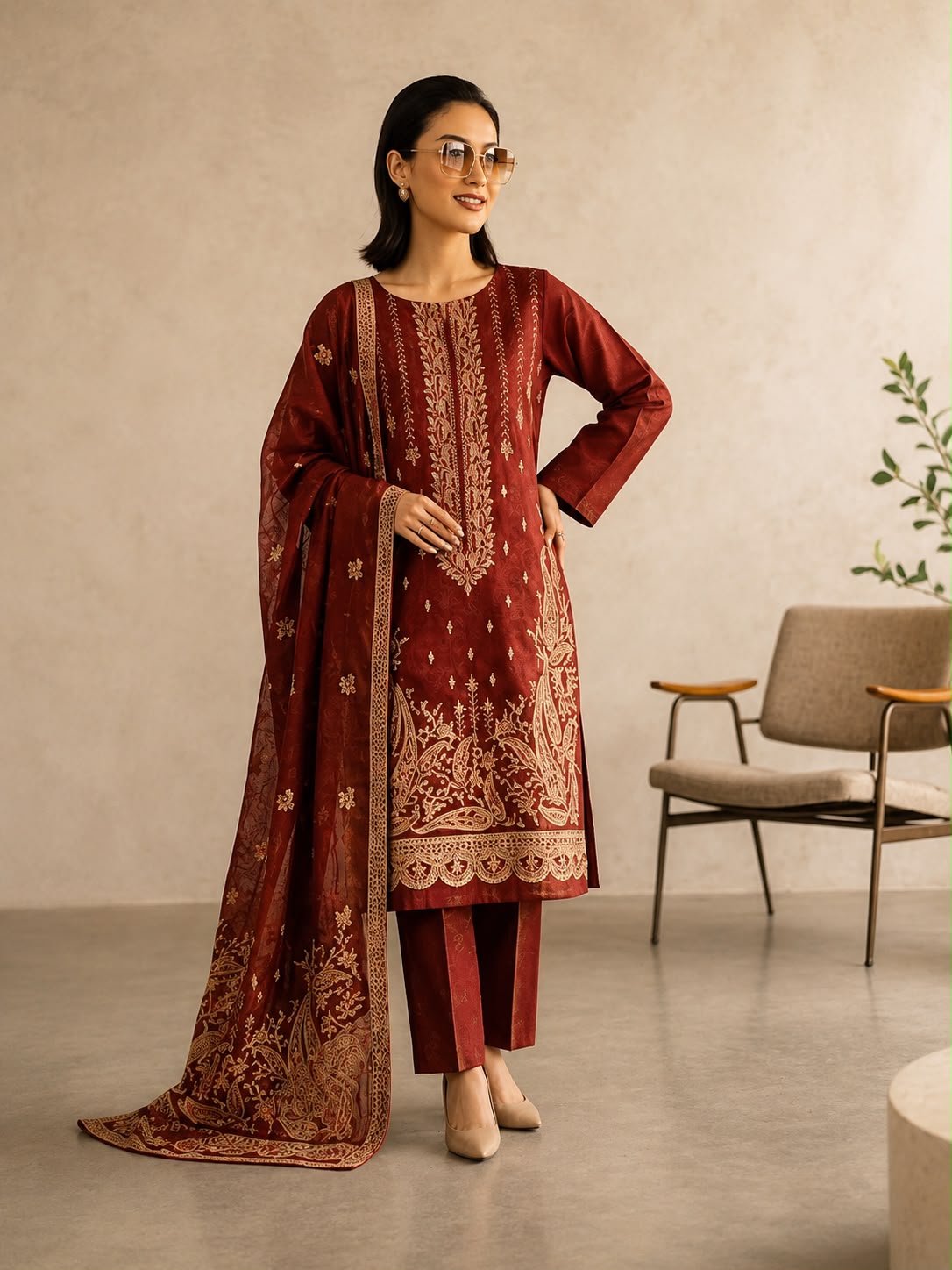 RED358 - Charizma Unstitched Embroidered Lawn 3P