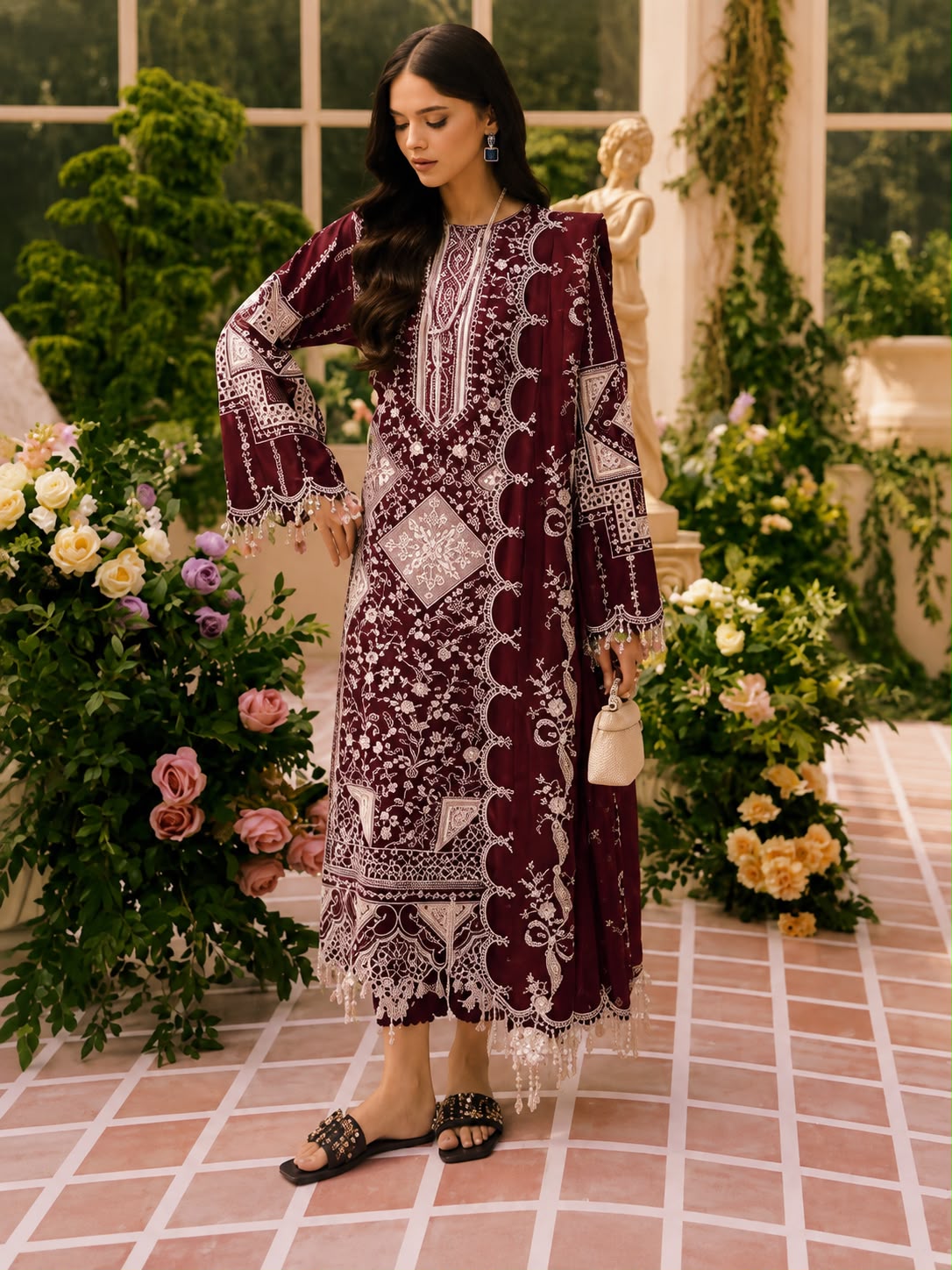 RED351 - Nureh Unstitched Embroidered Lawn 3P