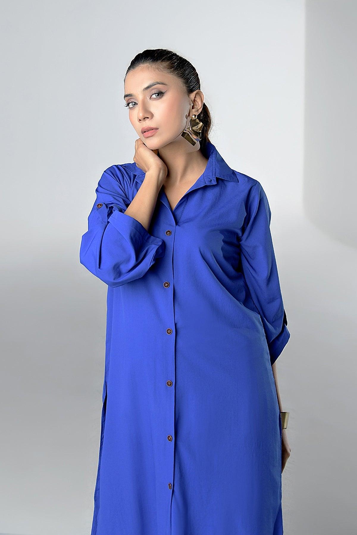 Sapphire Blue Buttoned Grip Dress - Peach Republic