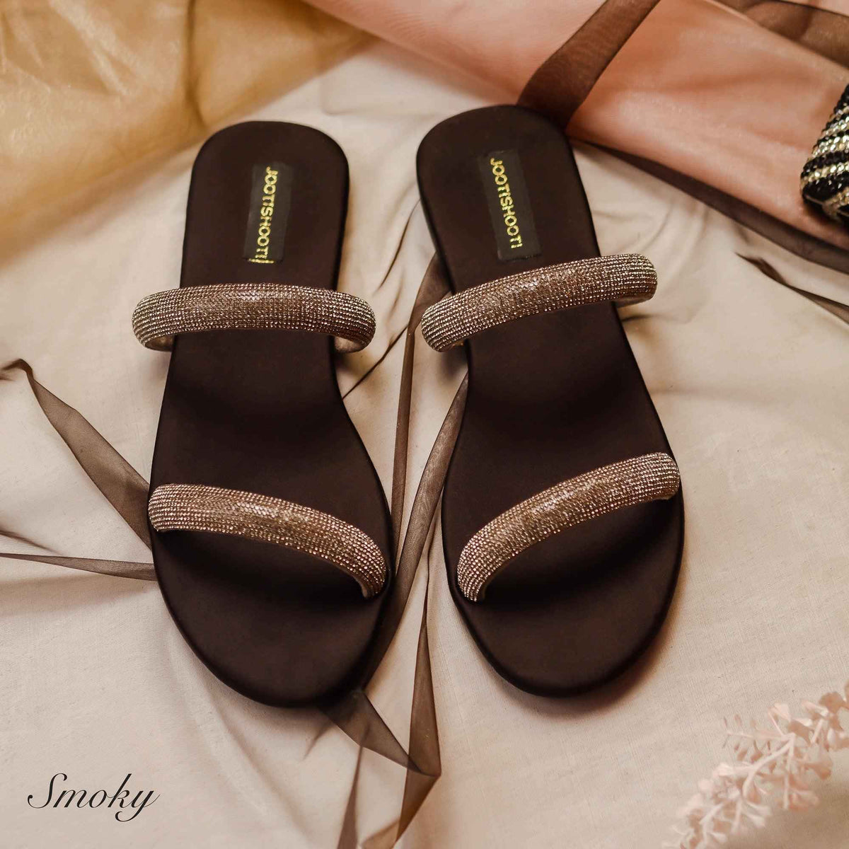 Smoky Two Strap Diamanté Slides - Jooti Shooti