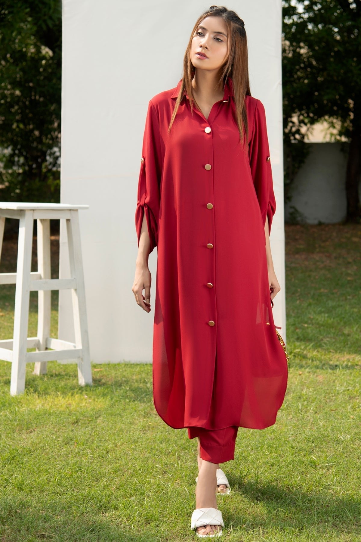 Solid Red Buttoned Dress - Peach Republic