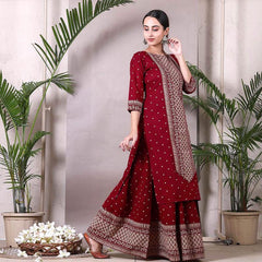 Maroon Polka Printed Kurta with Maroon Skirt D2022