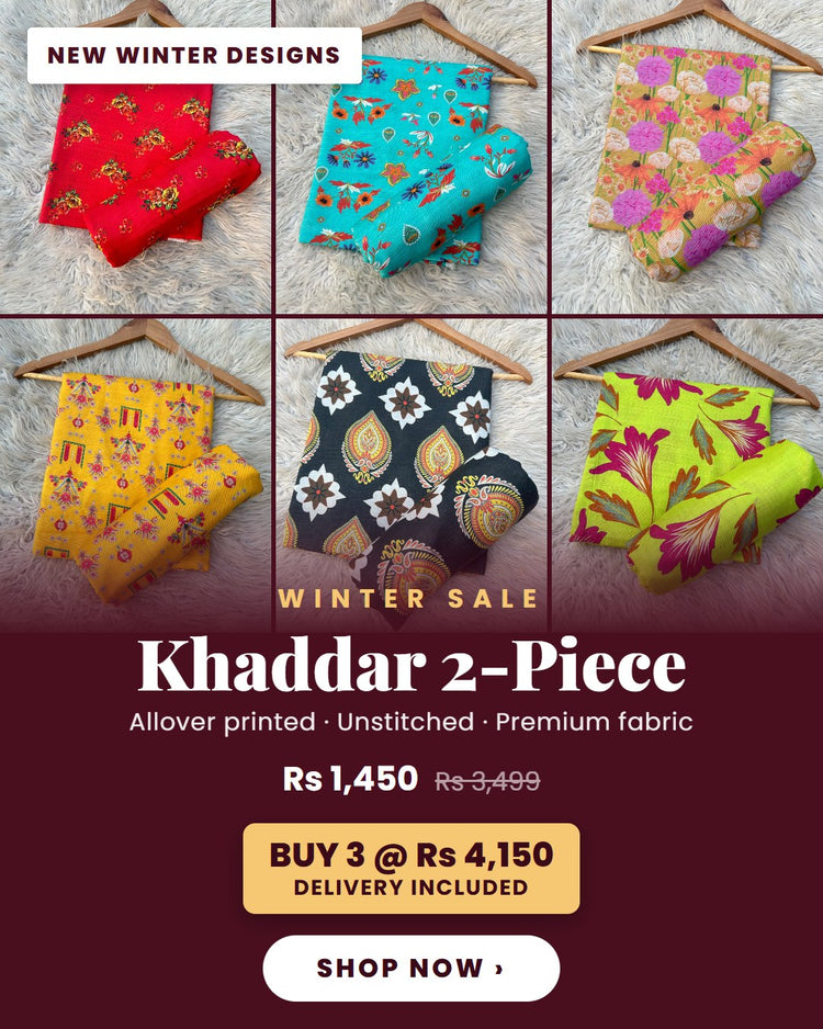 Winter Sale: Khaddar allover printed 2-piece Rs 1,450. Buy 3 for Rs 4,150, delivery included