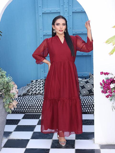 Flary Long Maroon Frock (FR-614N)