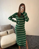 Sweater Knit Green with White Stripes Long Dress