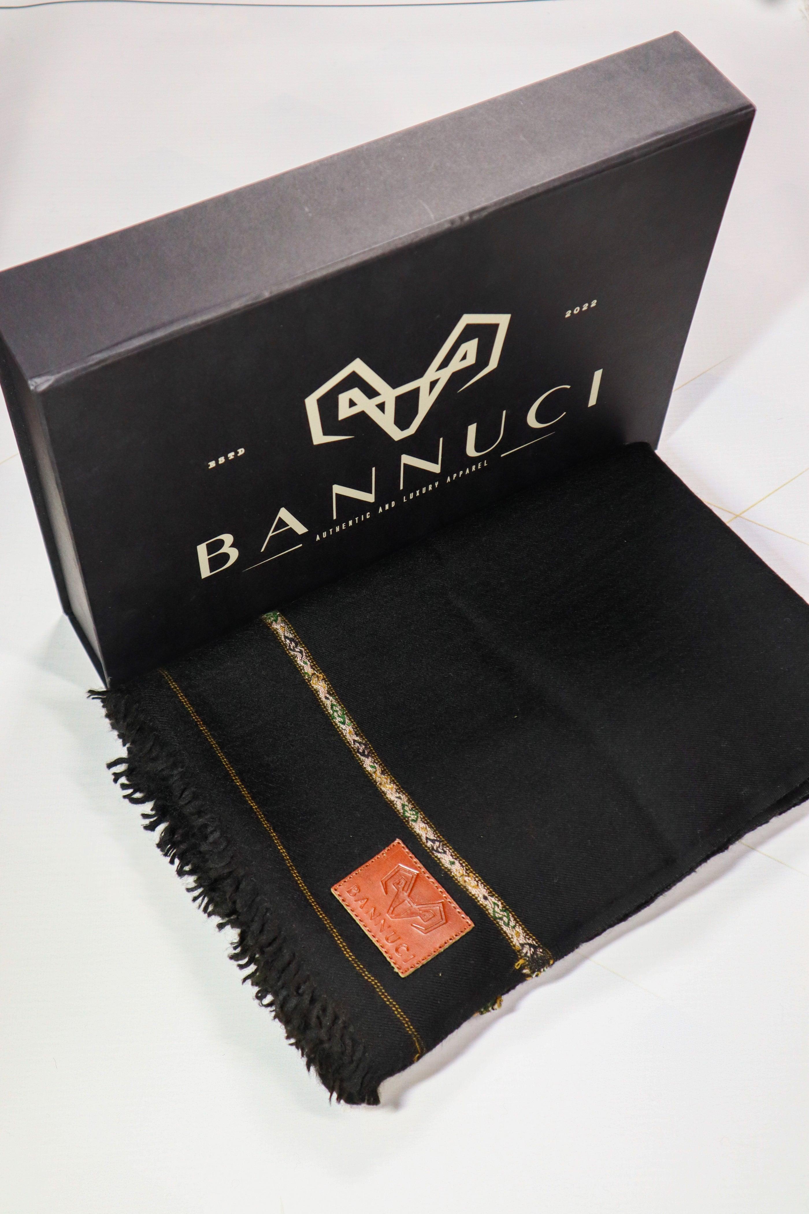 Premium Quality Striped Jet Black Pure Woolen Shawl by Bannuci